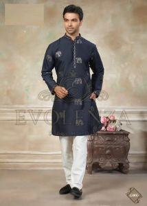 Navy Blue Ethnic Motif Embroidered Kurta Set for Men