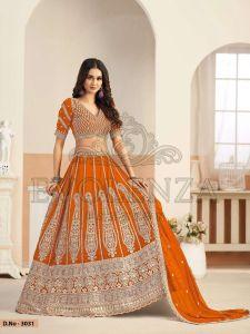 Orange Butterfly Net Bridal Lehenga Choli