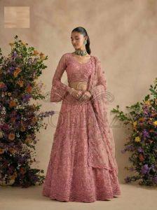 Peach Pink Butterfly Net Bridal Lehenga Choli