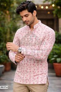 Pink Floral Printed Men Short Kurta
