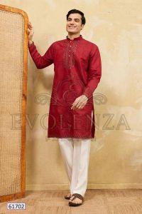 Red Embroidered Kurta Set for Men