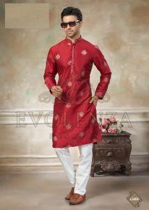 Red Ethnic Motif Embroidered Kurta Set for Men