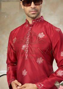 Red Ethnic Motif Embroidered Kurta Set for Men