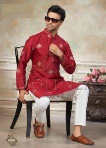 Red Ethnic Motif Embroidered Kurta Set for Men