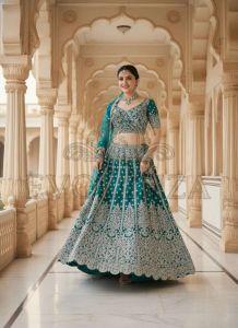 Teal Green Butterfly Net Wedding Lehenga Choli
