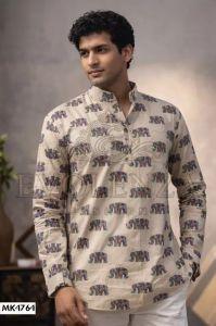 White Cotton Printed Men Short Kurta
