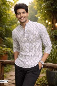 White Geometric Printed Men Short Kurta