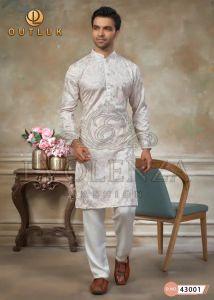 White Silk Embroidered Kurta Set for Men