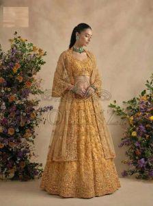 Yellow Butterfly Net Bridal Lehenga Choli