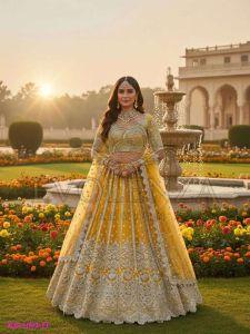 Yellow Butterfly Net Wedding Lehenga Choli