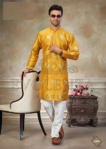 Yellow Ethnic Motif Embroidered Kurta Set for Men