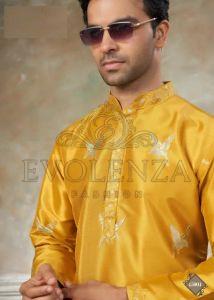 Yellow Ethnic Motif Embroidered Kurta Set for Men