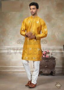 Yellow Ethnic Motif Embroidered Kurta Set for Men