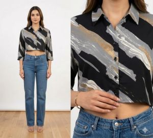 Ladies Black Abstract Print Crop Casual Shirt