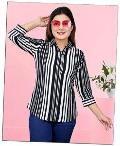 Ladies Black &AMP; White Vertical Stripe Casual Shirt