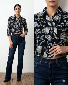 Ladies Black Paisley Floral Print Crop Casual Shirt