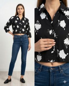 Ladies Black White Floral Print Crop Casual Shirt