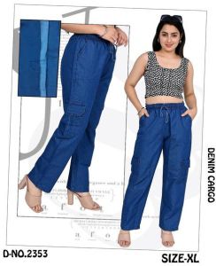 Ladies Blue Denim Cargo High Waist Pant