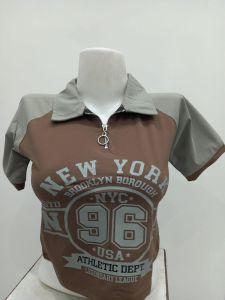 Ladies Brown Graphic Zip Collar T-Shirt