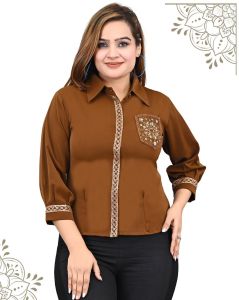 Ladies Brown Lace Trim Embroidered Pocket Shirt Top