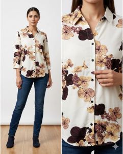 Ladies Cream Floral Print Regular Casual Shirt