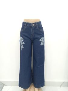 Ladies Dark Blue Embroidered Wide Leg Denim Jeans