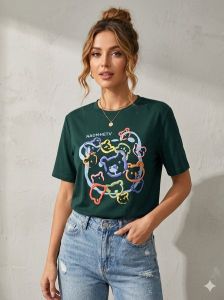 Ladies Dark Green Cartoon Graphic Casual T-Shirt