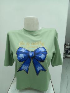 Ladies Green Bow Graphic Round Neck T-Shirt