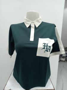 Ladies Green Contrast Pocket Polo Collar T-Shirt
