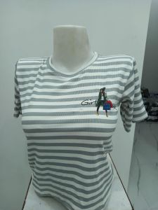 Ladies Grey & White Striped Graphic Round Neck T-Shirt