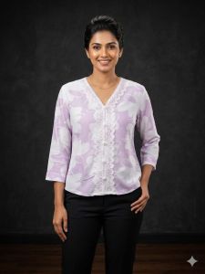 Ladies Lavender Floral Lace Panel V Neck Casual Top