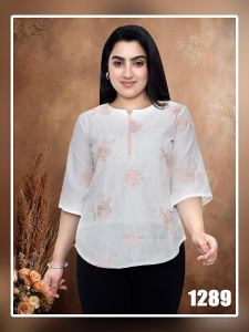 Ladies Light Grey Embroidered Button Placket Casual Top