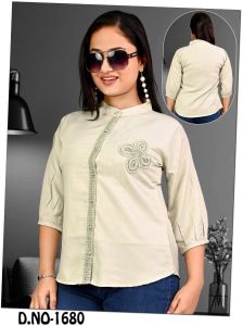 Ladies Light Olive Embroidered Lace Placket Casual Top