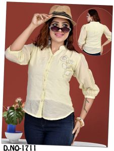 Ladies Light Yellow Embroidered Button Front Casual Shirt Top
