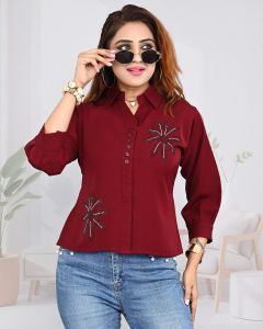 Ladies Maroon Embroidered Button Front Casual Shirt