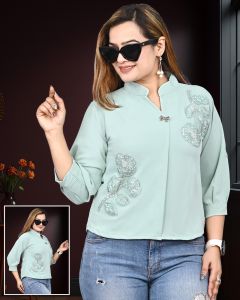 Ladies Mint Green Embroidered Mandarin Neck Top