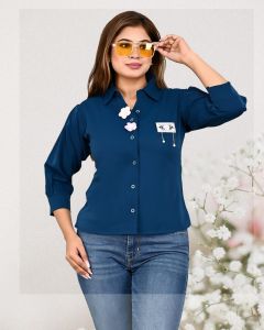 Ladies Navy Blue Floral Applique Button Front Shirt Top