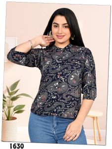 Ladies Navy Blue Paisley Print Mandarin Neck Top