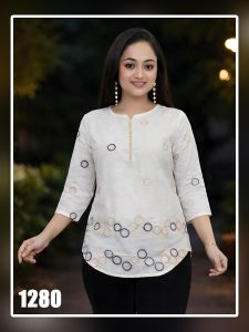 Ladies Off White Circle Print Button Placket Casual Top