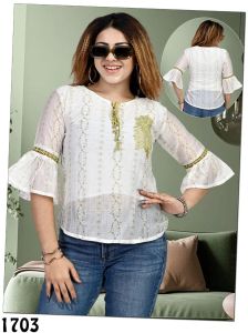 Ladies Off White Embroidered Tassel Neck Casual Top