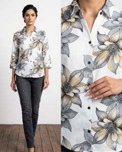 Ladies Off White Floral Printed Casual Shirt