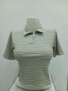 Ladies Olive Stripe Zip Collar T-Shirt