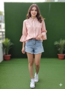 Ladies Peach Lace Panel Button Front Shirt Top