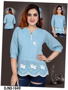 Ladies Sky Blue Embroidered Button Placket Casual Top