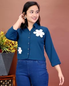 Ladies Teal Blue Floral Print Casual Shirt