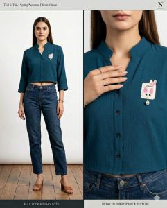 Ladies Teal Solid Casual Crop Shirt