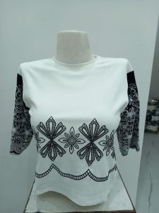 Ladies White &AMP; Black Embroidered Ribbed Top