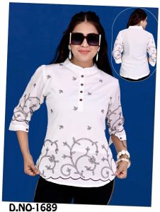Ladies White Embroidered Button Placket Mandarin Top