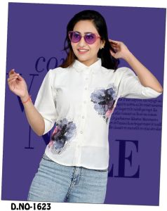 Ladies White Floral Print Button Front Casual Shirt