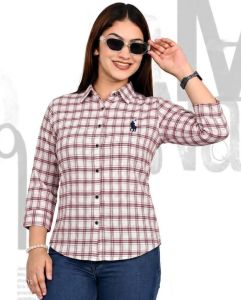 Ladies White Red Check Printed Casual Shirt
